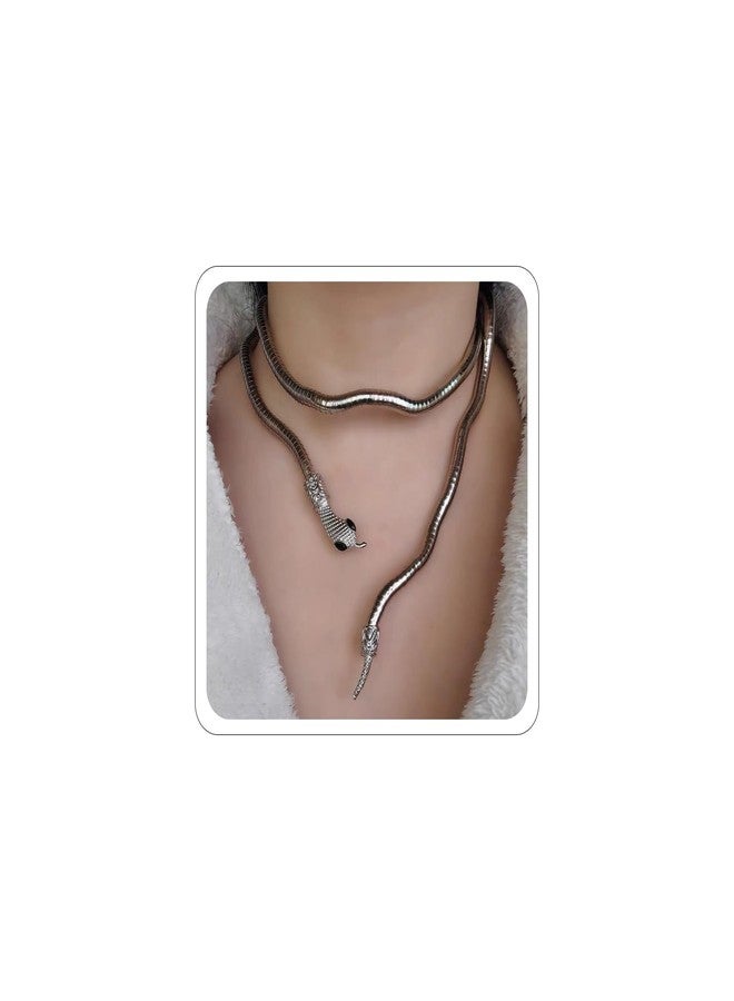 ANGLEQUEEN Medusa Costume Women Gold Silver Black Snake Necklace Adjustable Punk Bracelet Choker Flexible Snake Bracelets Halloween Witch Accessorie Jewelry A-Silver - Image 1